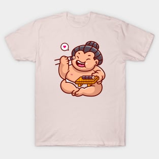 Cute Sumo Eating Sushi Cartoon T-Shirt
